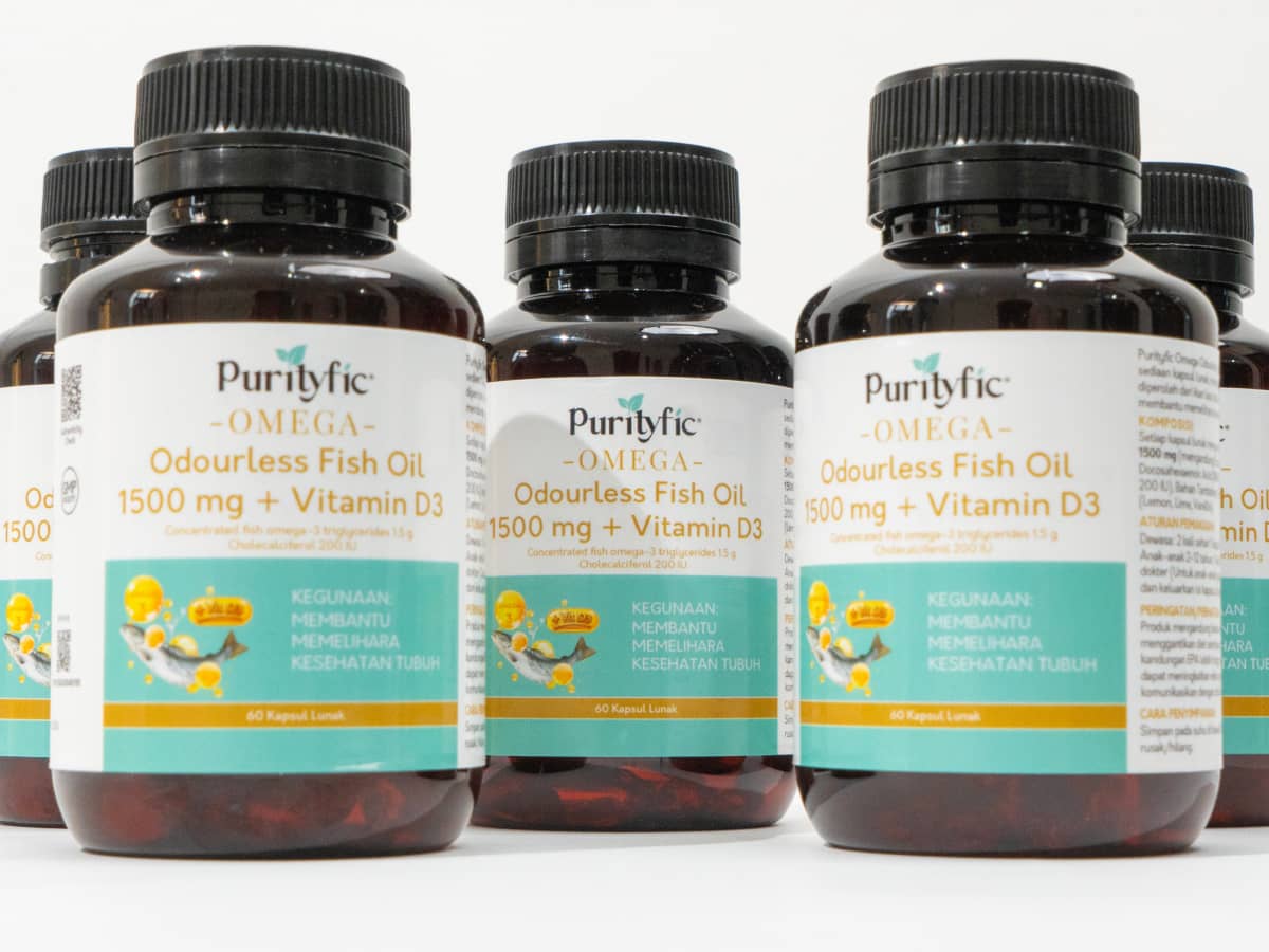 Purityfic Omega – High Strength Odourless Fish Oil + Vitamin D3, suplemen minyak ikan tanpa bau amis yang kaya omega-3 dan dilengkapi vitamin 3 untuk hasil yang lebih maksima
